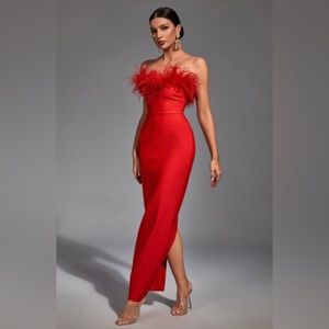 Red Feather Tassel Maxi Dress